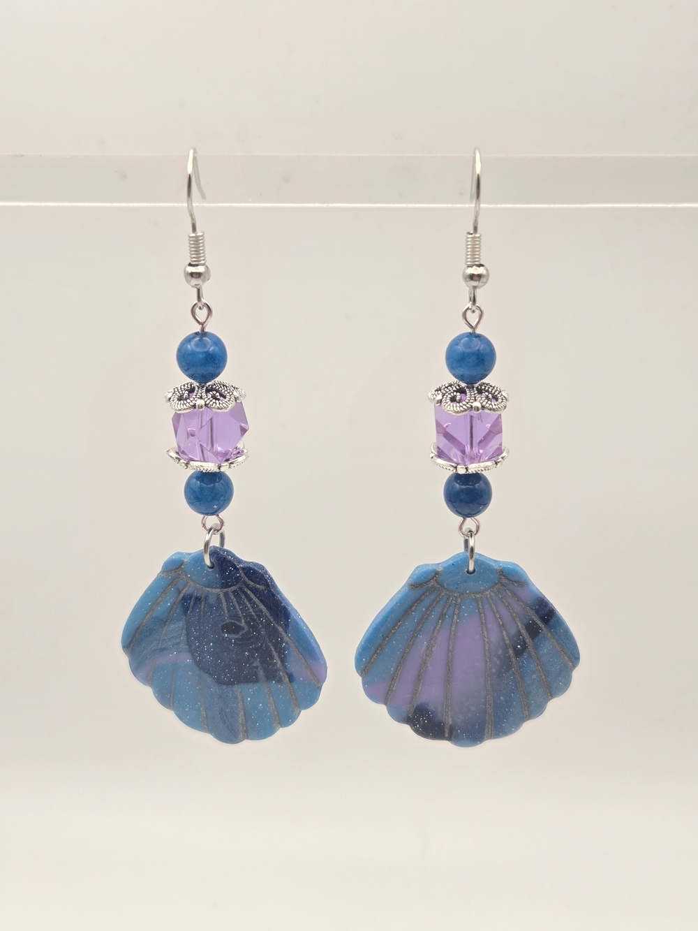 #B509- Blue and Purple Shell Drop Earrings with Dolomite Jasper Bead Accents
